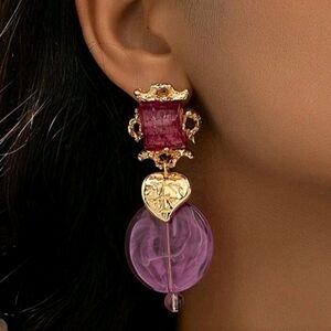 NEW! ZARA Elegant Purple & Pink Gemstones Statement Gold Post Earrings